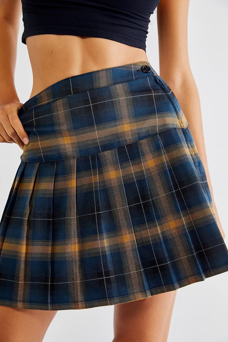 Dickies Blue & Tan Plaid Pleated Mini Skirt